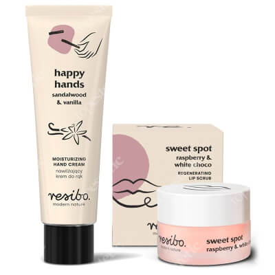 Resibo Sweet Spot + Happy Hands ZESTAW Peeling do ust malina i biała czekolada 9 g + Krem do rąk - drzewo sandałowei wanilia 50 ml