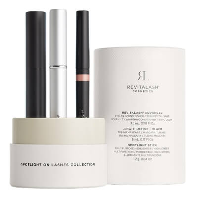 Revitalash Spotlight On Lashes ZESTAW Odżywka stymulująca wzrost rzęs - 6 miesięczna kuracja 3,5 ml + Mascara wydłużająca rzęsy 5 ml + Wielofunkcyjny rozświetlacz 1,2 g