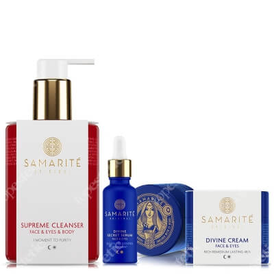 Samarite Divine Secret Serum + Divine Cream + Supreme Cleanser ZESTAW Serum do twarzy 30 ml + Odmładzający krem do twarzy 45 ml + Prebiotyczny żel dla oczyszczenia twarzy i ciała 300 ml