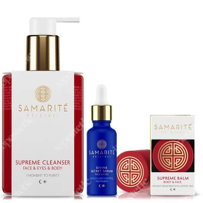 Samarite Divine Secret Serum + Supreme Cleanser + Mini Supreme Balm ZESTAW Serum do twarzy 30 ml + Prebiotyczny żel dla oczyszczenia twarzy i ciała 300 ml + Regenerujący balsam do ciała 15 ml