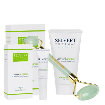 Selvert Thermal Acne Skin Set ZESTAW Balsam pod oczy 15 ml + Żel przeciwtrądzikowy 50 ml + Roller jadeit 1 szt