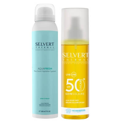 Selvert Thermal Aquafresh Spray & Ready + Sport Mist SPF 50+ ZESTAW Odświeżająco - nawadniająca pianka do ciała 200 ml + Mgiełka do ciała 200 ml