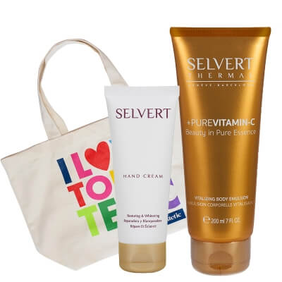 Selvert Thermal Hand Cream + Vitalizing Body Emulsion + Plażowa Torba I Love Topestetic ZESTAW Krem do rąk 75 ml + Emulsja na ciało 200 ml + Torba (kolor naturalny ) 1 szt