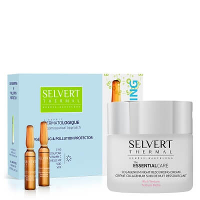 Selvert Thermal Oxygenating & Pollution Protector + Colagenium Night Resourcing Cream ZESTAW Ampułki 10x2 ml + Bogaty krem naprawczy na noc 50 ml