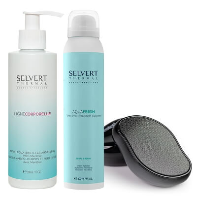 Selvert Thermal Spray & Ready + Legs and Feet Gel + Tarka Topestetic ZESTAW Odświeżająco - nawadniająca pianka do ciała 200 ml + Żel na zmęczone nogi 200 ml + Tarka z nano szkła 1 szt