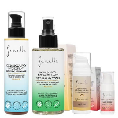 Senelle Favorite Care ZESTAW Lekki ochronny krem SPF 50+ z pigmentem UVA UVB PA++++ HEV/IR 50 ml + 150 ml + Nawilżająco - rozświetlający naturalny tonik do twarzy 15