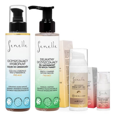 Senelle Favorite Set ZESTAW Serum pod oczy 15 ml + Lekki ochronny krem SPF 50+ z pigmentem 150 ml + Olejek do demakijażu 150 ml + Żel saponinowy 150 ml