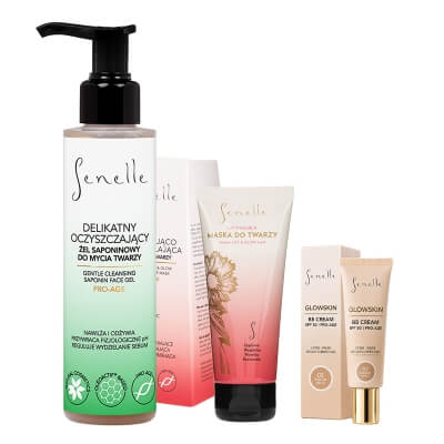 Senelle Glow Skin ZESTAW BB krem SPF 50 (kolor 02 Medium Beige) 30 ml + Żel 150 ml + Liftingująca maska do twarzy 65 ml