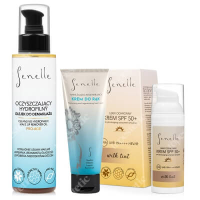 Senelle Perfect Start ZESTAW Ochronny krem SPF 50+ z pigmentem 150 ml + Krem do rąk 65 ml + Olejek do demakijażu 150 ml