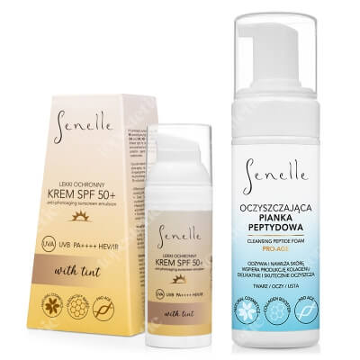 Senelle Protective And Clean ZESTAW Lekki ochronny krem SPF 50+ z pigmentem 50 ml + Oczyszczająca pianka peptydowa 150 ml