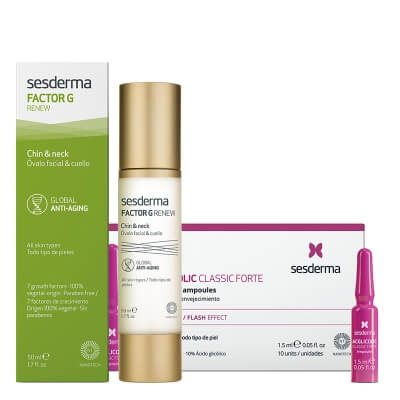 Sesderma Acglicolic Classic Forte + Oval Face & Neck - Factor G ZESTAW Ampułki o silnym działaniu przeciwstarzeniowym 10 x 1,5 ml + Krem na dekolt i szyję 50 ml