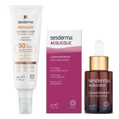 Sesderma Acglicolic + Repaskin Silk Touch Color SPF 50 ZESTAW Serum Liposomowe 30 ml + Koloryzujący krem zapewniający wysoką ochronę przeciwsłoneczną 50 ml
