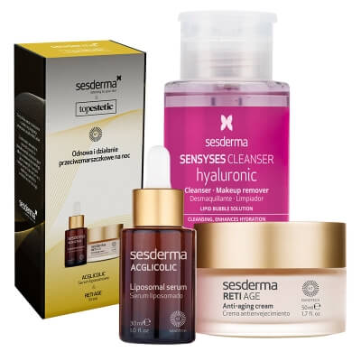 Sesderma Acglicolic Serum + Reti Age Cream + Sensyses Hyaluronic ZESTAW ZESTAW Pielęgnacja Przeciwzmarszczkowa i Odnawiająca na Noc - Serum 30 ml + Krem 50 ml + Płyn oczyszczający, liposomowy 200 ml