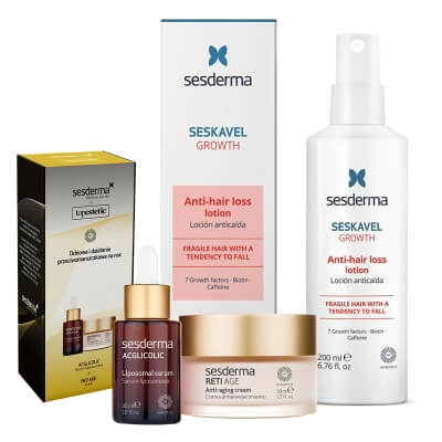 Sesderma Acglicolic Serum + Reti Age Cream + Seskavel Anti-Hair Loss Lotion ZESTAW ZESTAW Pielęgnacja Przeciwzmarszczkowa i Odnawiająca na Noc - Serum 30 ml + Krem 50 ml + Emulsja przeciw wypadaniu włosów 200 ml