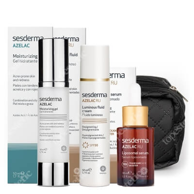 Sesderma Azelac RU + Azelac RU Luminous Fluid Cream SPF 50 + Azelac Moisturizing Gel  ZESTAW Serum liposomowe 30 ml + Emulsja rozświetlająca 50 ml + Żel nawilżający do twarzy 50 ml + Kosmetyczka Topestetic 1 szt