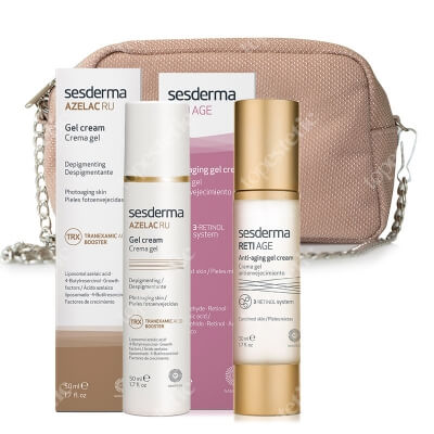 Sesderma Azelac RU Gel Cream + Reti Age Anti-Aging Gel Cream + Kosmetyczka ZESTAW Krem-Żel depigmentujący 50 ml + Krem-żel przeciwstarzeniowy 50 ml + Beżowa błyszcząca 1 szt