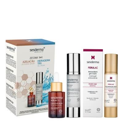 Sesderma Azelac RU + Hidraderm TRX Gel Cream + Ferulac Cream - Gel ZESTAW Serum liposomowe 30 ml + Krem-żel 50 ml + Antyoksydacyjny krem - żel do twarzy z kwasem ferulowym 50 ml