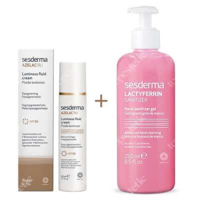 Sesderma Azelac RU Luminous Fluid Cream + Lactyferrin Hand Sanitizer Gel ZESTAW Emulsja rozświetlająca SPF 50 50 ml + Żel do dezynfekcji rąk 250 ml