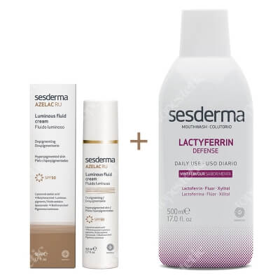 Sesderma Azelac RU Luminous Fluid Cream + Lactyferrin Mouth Wash ZESTAW Emulsja rozświetlająca SPF 50 50 ml + Płyn do płukania ust 500 ml