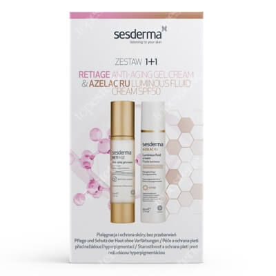 Sesderma Azelac RU Luminous Fluid Cream + Reti Age Anti-Aging Gel Cream ZESTAW Emulsja rozświetlająca SPF 50 50 ml + Krem-żel przeciwstarzeniowy 50 ml Kartonik