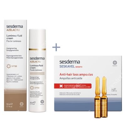 Sesderma Azelac RU Luminous Fluid Cream + Seskavel Anti-Hair Loss Ampoules ZESTAW Emulsja rozświetlająca SPF 50 50 ml + Ampułki przeciw wypadaniu włosów 12x8 ml