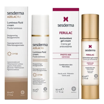 Sesderma Azelac RU Luminous Fluid Cream SPF 50 + Ferulac Cream - Gel ZESTAW Emulsja rozświetlająca 50 ml + Antyoksydacyjny krem - żel do twarzy z kwasem ferulowym 50 ml