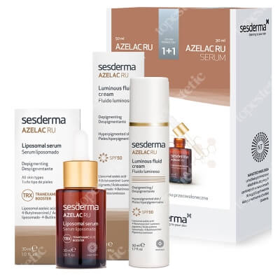 Sesderma Azelac RU Serum + Luminous Fluid Cream ZESTAW Serum liposomowe 30 ml + Emulsja rozświetlająca SPF 50 50 ml Kartonik
