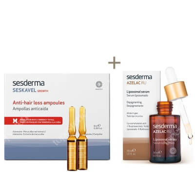 Sesderma Azelac RU + Seskavel Anti-Hair Loss Ampoules ZESTAW Serum liposomowe 30 ml + Ampułki przeciw wypadaniu włosów 12x8 ml