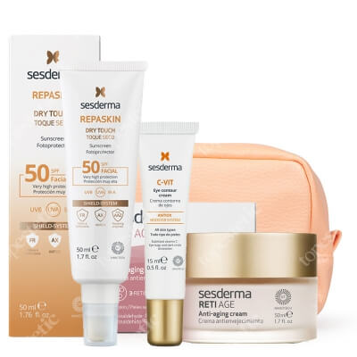 Sesderma C-VIT Eye Contour Cream + Reti Age Cream Anti Aging + Repaskin Dry Touch SPF 50 + Kosmetyczka Sesderma ZESTAW Krem pod oczy 15 ml + Krem przeciwzmarszczkowy 50 ml + Krem ochronny SPF50, 50 ml + Pomarańczowa 1 szt