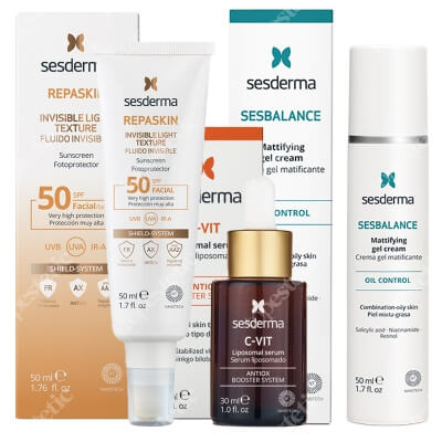 Sesderma C-VIT Liposomal Serum + Mattifying Gel-Cream + Repaskin Fluido Invisible SPF 50 ZESTAW Serum liposomowe 30 ml + Krem-żel matujący do skóry z tendencją do trądziku i błyszczenia z retinolem 50 ml + Emulsja 50 ml