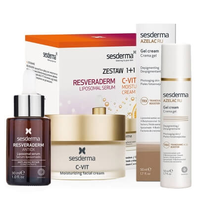 Sesderma C-VIT Moisturizing Facial Cream + Resveraderm Liposomal Serum Kartonik + Azelac RU Gel Cream ZESTAW ZESTAW Krem nawilżający 50 ml + Serum liposomowe 30 ml + Krem-Żel depigmentujący 50 ml