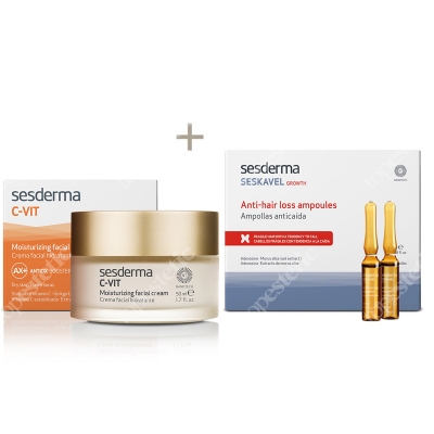 Sesderma C-VIT Moisturizing Facial Cream + Seskavel Anti-Hair Loss Ampoules ZESTAW Krem nawilżający 50 ml + Ampułki przeciw wypadaniu włosów 12x8 ml