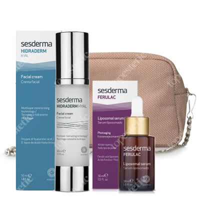 Sesderma Hidraderm Hyal + Ferulac Liposomal Serum + Kosmetyczka ZESTAW Krem do twarzy 50 ml + Serum liposomowe 30 ml + Beżowa błyszcząca 1 szt