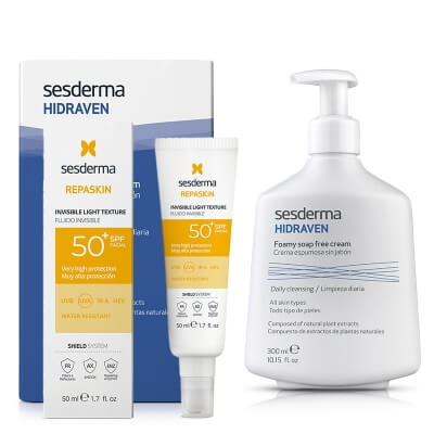Sesderma Hidraven + Repaskin Fluido Invisible SPF 50+ New ZESTAW Pienisty krem 300 ml + Emulsja 50 ml