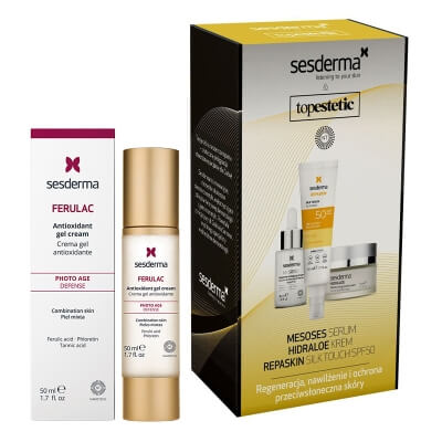Sesderma Mesoses Serum + Hidraloe Creme + Repaskin Silk Touch + Ferulac Cream - Gel ZESTAW Serum 30 ml + Krem nawilżający 50 ml + Emulsja SPF 50+, 50 ml + Antyoksydacyjny krem - żel 50 ml