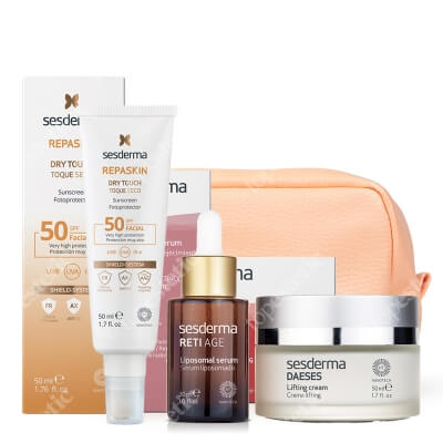 Sesderma Pielęgnacja Liftingująca ZESTAW Krem liftingujący 50 ml + Krem ochronny SPF50, 50 ml + Serum przeciwzmarszczkowe 30 ml + Kosmetyczka pomarańczowa 1 szt