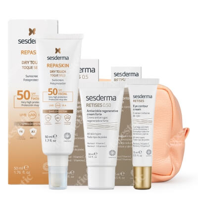 Sesderma Pielęgnacja Przeciwstarzeniowa ZESTAW Krem przeciwzmarszczkowy 30 ml + Przeciwzmarszczkowy krem pod oczy 15 ml + Krem ochronny SPF50, 50 ml + Kosmetyczka pomarańczowa 1 szt