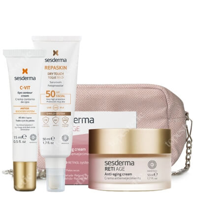 Sesderma Pielęgnacja Przeciwstarzeniowa i Rozświetlająca ZESTAW Krem pod oczy 15 ml + Krem przeciwzmarszczkowy 50 ml + Krem ochronny SPF50, 50 ml + Kosmetyczka 1 szt