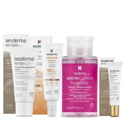 Sesderma Pielęgnacja Przeciwstarzeniowa ZESTAW Przeciwzmarszczkowy krem pod oczy 15 ml + Krem przeciwzmarszczkowy 30 ml + Krem ochronny SPF50, 50 ml + Płyn oczyszczający 200 ml