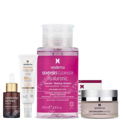 Sesderma Pielęgnacja Przeciwstarzeniowa ZESTAW Serum z pęcherzykami lipidowymi 30 ml + Krem przeciwstarzeniowy 50 ml + Koloryzujący krem z SPF 50 ml + Płyn oczyszczający 200 ml