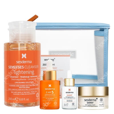 Sesderma Pielęgnacja Przeciwstarzeniowo - Rozświetlająca ZESTAW Krem przeciwstarzeniowy 50 ml + Serum przeciwstarzeniowe 30 ml + Serum z witaminą C 30 ml + Płyn oczyszczający 200 ml + Kosmetyczka 1 szt