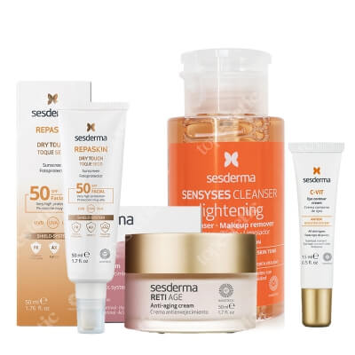 Sesderma Pielęgnacja Przeciwzmarszkowo - Rozświetlająca ZESTAW Krem przeciwzmarszczkowy 50 ml + Krem pod oczy 15 ml + Krem ochronny SPF50, 50 ml + Płyn oczyszczający do skóry z przebarwieniami 200 ml