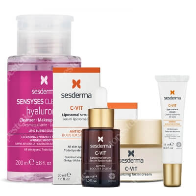 Sesderma Pielęgnacja Rozświetlająca C-Vit ZESTAW Serum liposomowe 30 ml + Krem nawilżający 50 ml + Krem pod oczy 15 ml + Płyn oczyszczający, liposomowy 200 ml