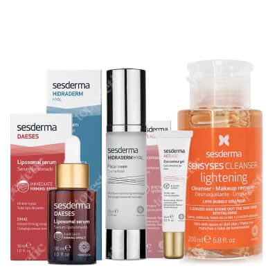 Sesderma Pielęgnacja Ujędrniająca Skóry Dojrzałej ZESTAW Serum liposomowe liftingujące 30 ml + Krem do twarzy 50 ml + Żel kontur oczu 15 ml + Płyn oczyszczający do skóry z przebarwieniami 200 ml