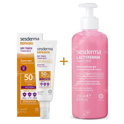 Sesderma Repaskin Dry Touch SPF 50 + Lactyferrin Hand Sanitizer Gel ZESTAW Krem ochronny SPF50 nowa formuła 50 ml + Żel do dezynfekcji rąk 250 ml