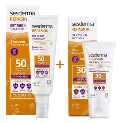 Sesderma Repaskin Dry Touch SPF 50 + Repaskin Silk Touch SPF 30 ZESTAW Krem ochronny SPF50 nowa formuła 50 ml + Wysoka ochrona przeciwsłoneczna SPF 30 50 ml