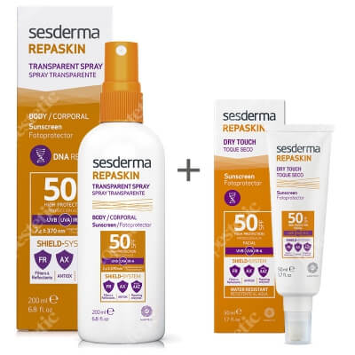 Sesderma Repaskin Dry Touch SPF 50 + Repaskin Transparent Spray ZESTAW Krem ochronny SPF50 nowa formuła 50 ml + Wysoka ochrona przeciwsłoneczna do ciała SPF 50 200 ml