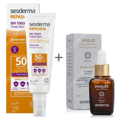 Sesderma Repaskin Dry Touch SPF 50 + Snailas ZESTAW Krem ochronny SPF50 nowa formuła 50 ml + Serum 30 ml