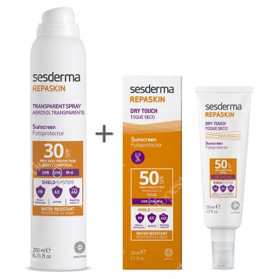 Sesderma Repaskin Dry Touch SPF 50 + Transparent Spray Aerosol SPF 30+ ZESTAW Krem ochronny SPF50 nowa formuła 50 ml + Spray przeciwsłoneczny do ciała 200 ml
