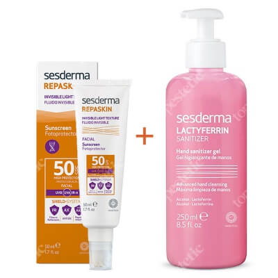 Sesderma Repaskin Fluido Invisible + Lactyferrin Hand Sanitizer Gel ZESTAW Krem/Żel SPF50 50 ml + Żel do dezynfekcji rąk 250 ml